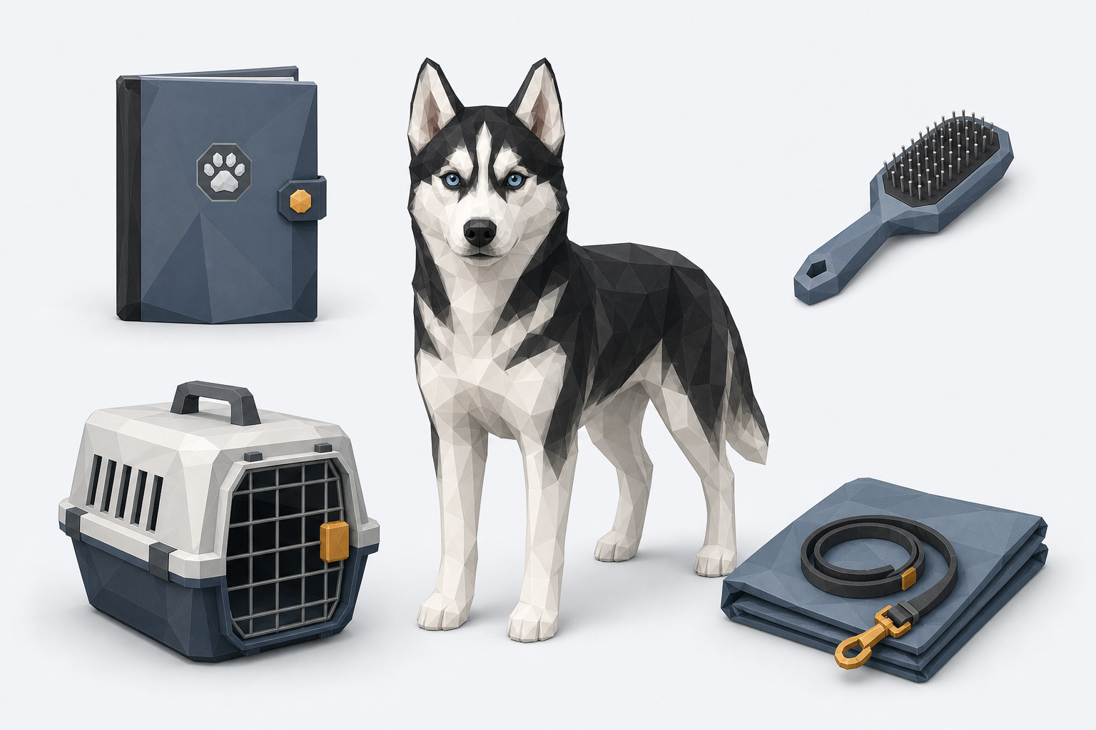 Młody husky obok dokumentacji zdrowia, szczotki, transportera i maty ze smyczą