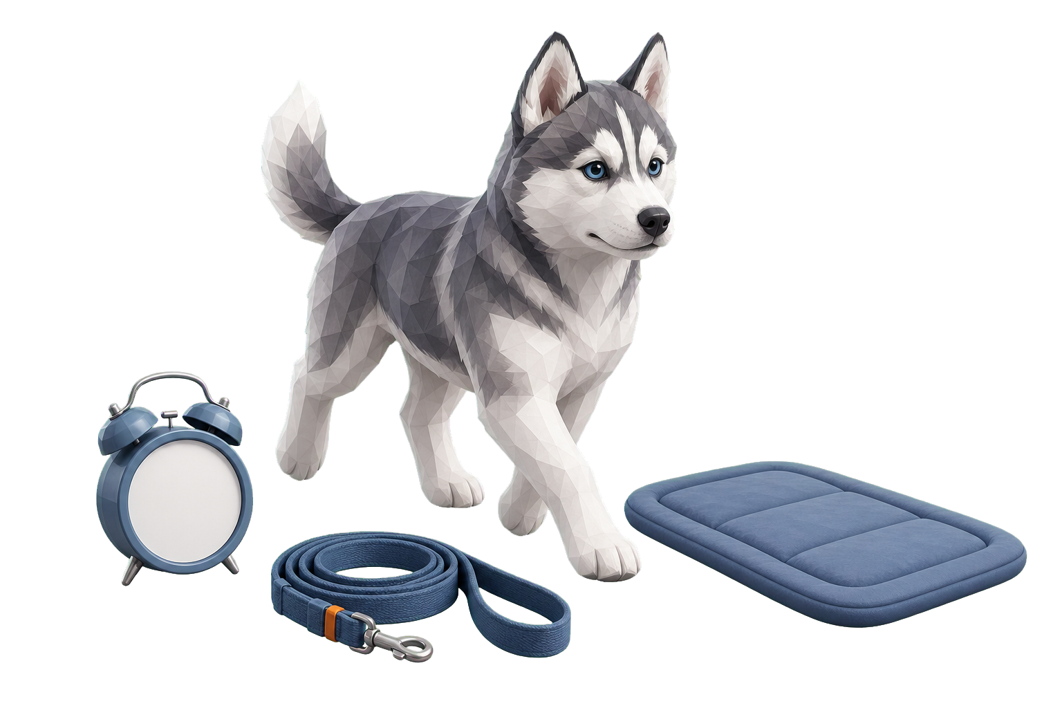 Młody husky obok symboli codziennej rutyny: zegara, smyczy i maty